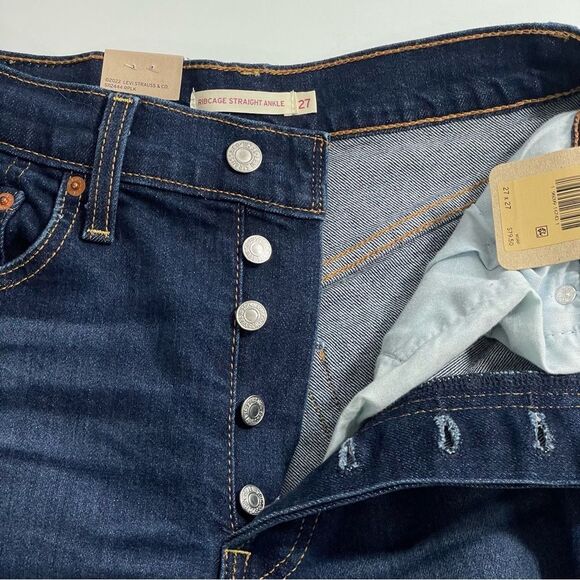 NWT Levi’s Ribcage Straight Ankle High Rise Distressed Dark Wash Denim Jeans 27 - Picture 7 of 7